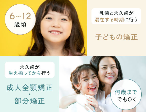 6〜12歳頃：入試と永久歯が混在する時期に行う子どもの矯正／何歳まででもOK：永久歯が生え揃ってから行う成人全顎矯正・部分矯正